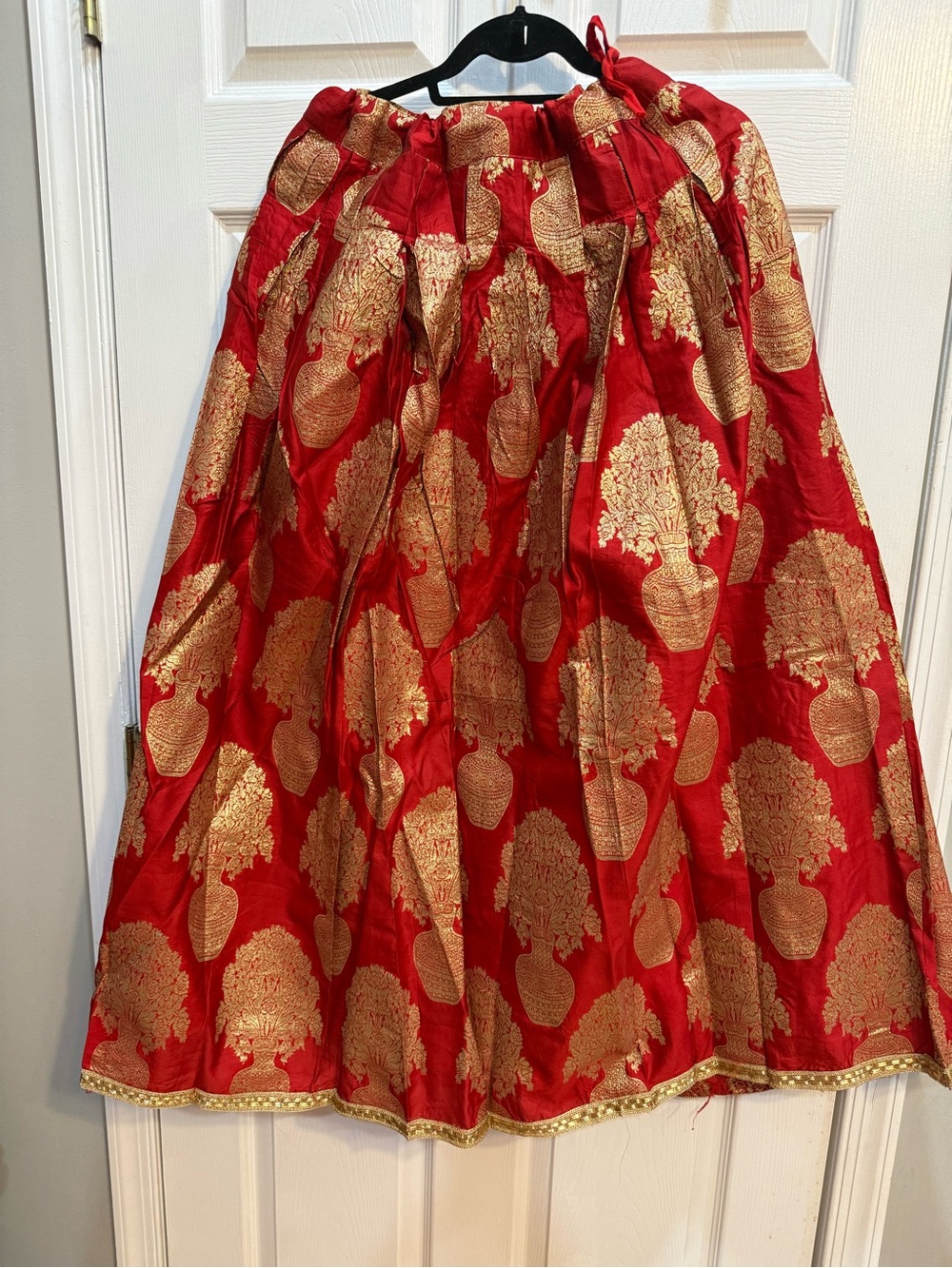 Red and Gold Brocade Lehenga - Matching Crop Top, Skirt and Dupatta/Scarf